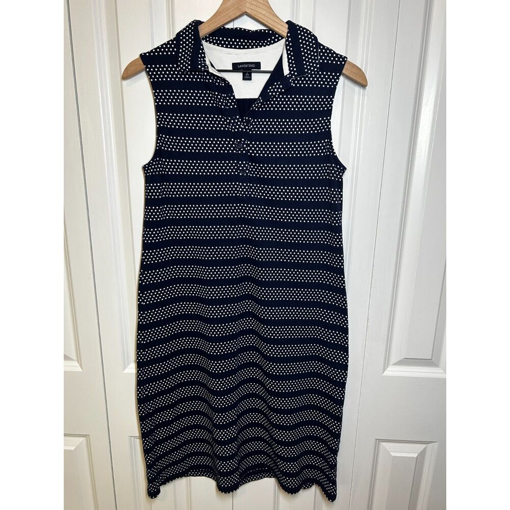 Lands' End Navy Blue White Polka Dot Sleeveless Polo Shift Dress Size S 6-8